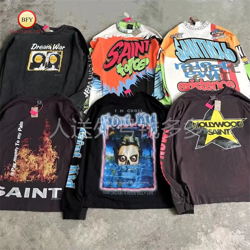 

Multicolour Fashion Vintage SAINT Long Sleeve T-shirt New Printed Logo Washable Shirt Men's Women's Autumn/Winter T-shirt Tops