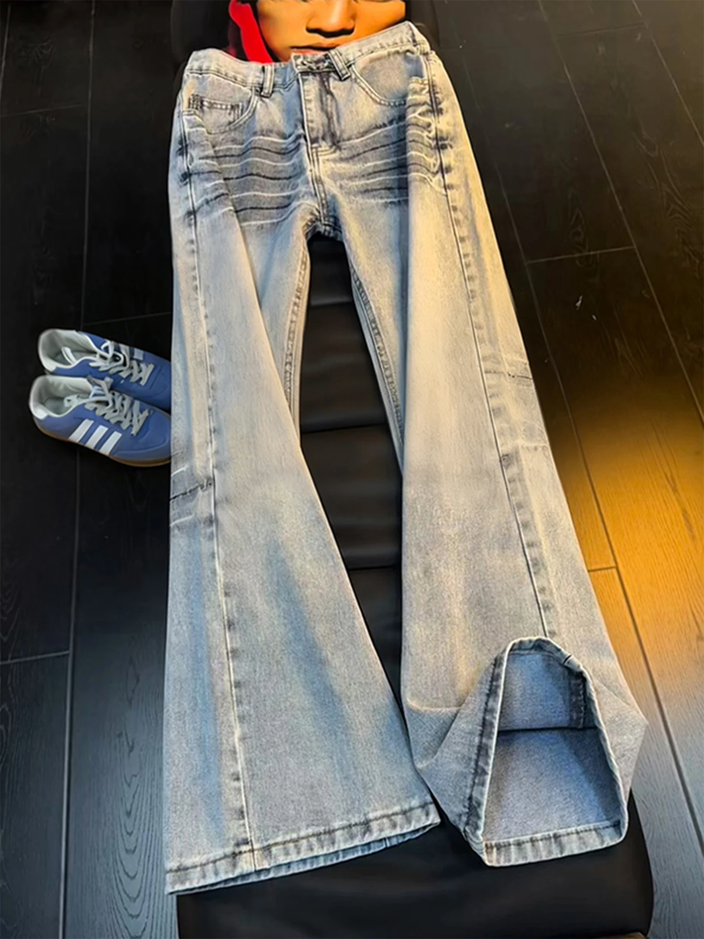 

Светло-голубые джинсы прямого кроя с флисовой подкладкой для мужчин, модель Cleanfit, американский уличный стиль, слегка расклешенные брюки с узором в виде молнии