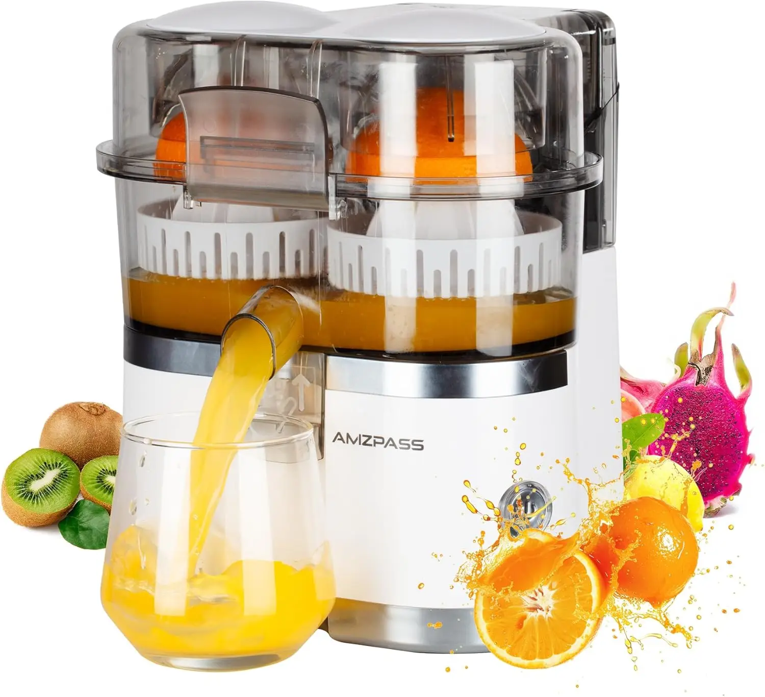 

Electric Dual-Head Citrus Juicer with Auto Cutter, High Yield for Oranges, Lemons, Limes
