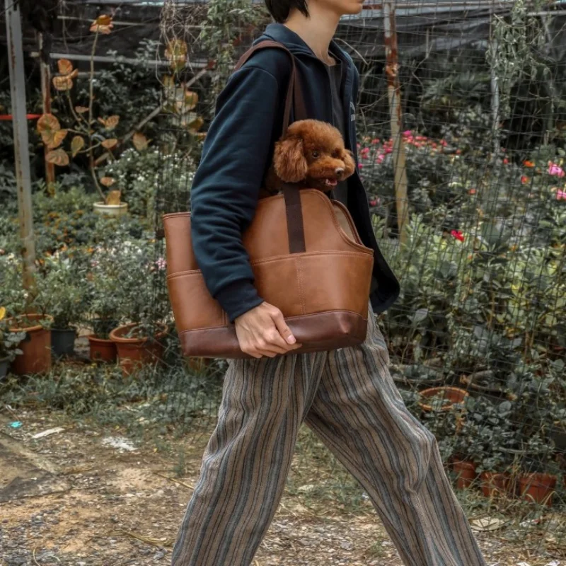 

PU leather pet carrier bag soft sided pet carrier outdoor cat tote bag car pet bag brown portable pet carrier gray