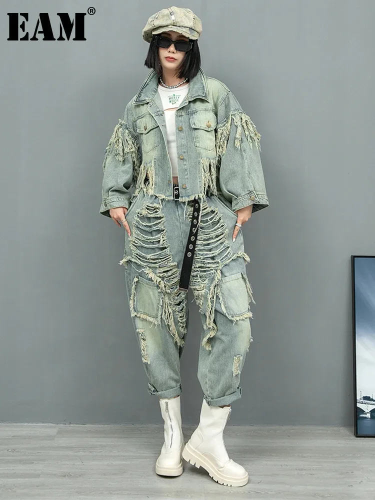 [EAM] Blue Denim Holes Tassels Big Size Casual Jacket New Lapel Long Sleeve Women Coat Fashion Tide Spring Autumn 2025 1DH9908