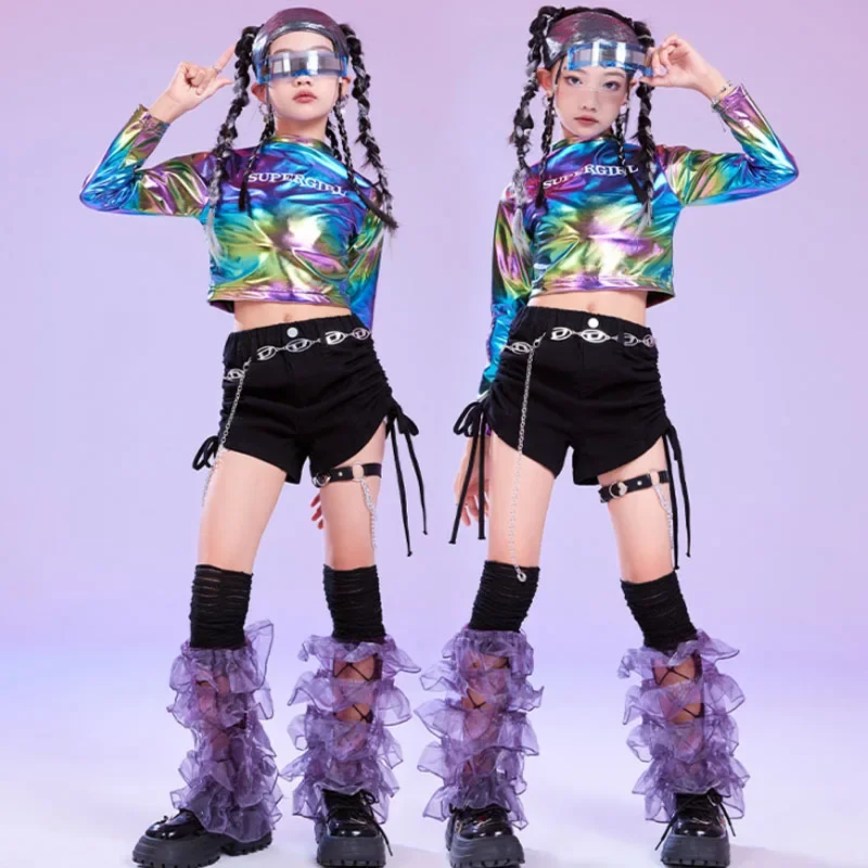 Mädchen K-pop Shiny Crop Top Street Dance Shorts Kinder Hip Hop Jazz Hot Pants Kleidung Sets Kinder Streetwear Mädchen gruppe Kostüm