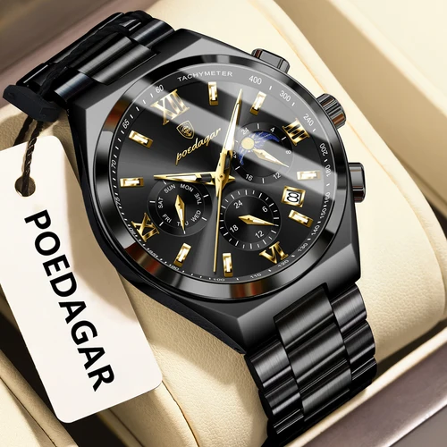 Imagen 2 del producto POEDAGAR, reloj de pulsera de lujo a la moda para hombre, reloj de negocios luminoso con fecha semanal resistente al agua para hombre, relojes de cuarzo de acero inoxidable para hombre