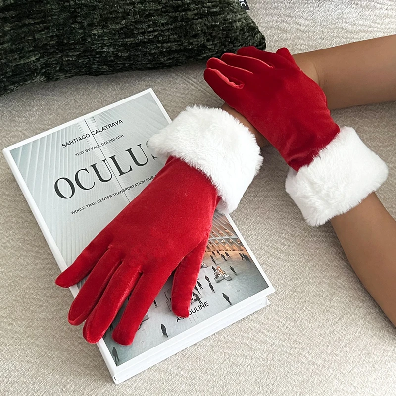 Christmas party Costume Performance Gloves Women Winter Thicken Warm Plush short Gloves Dinner Etiquette Mittens