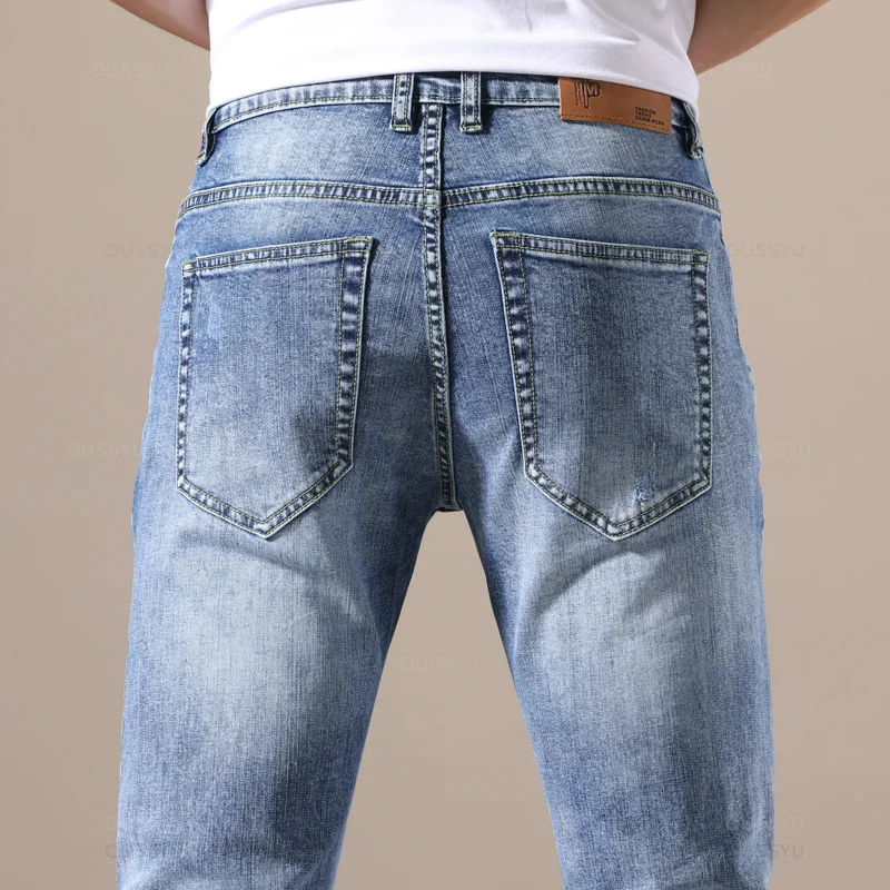 Odzież marki OUSSYU Jeans Men wysokiej jakości Stretch jasnoniebieskie dżinsy moda plisowane, w stylu Retro kieszonkowe spodnie spodnie Skinny fit 28-40