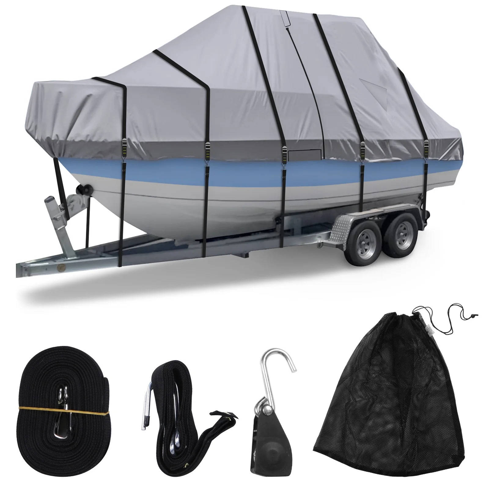 

1200D Trailerable Center Console Boats Covers with 18 Tie Down Strap Waterproof Yacht Protector UV-Proof For Protecting Roof