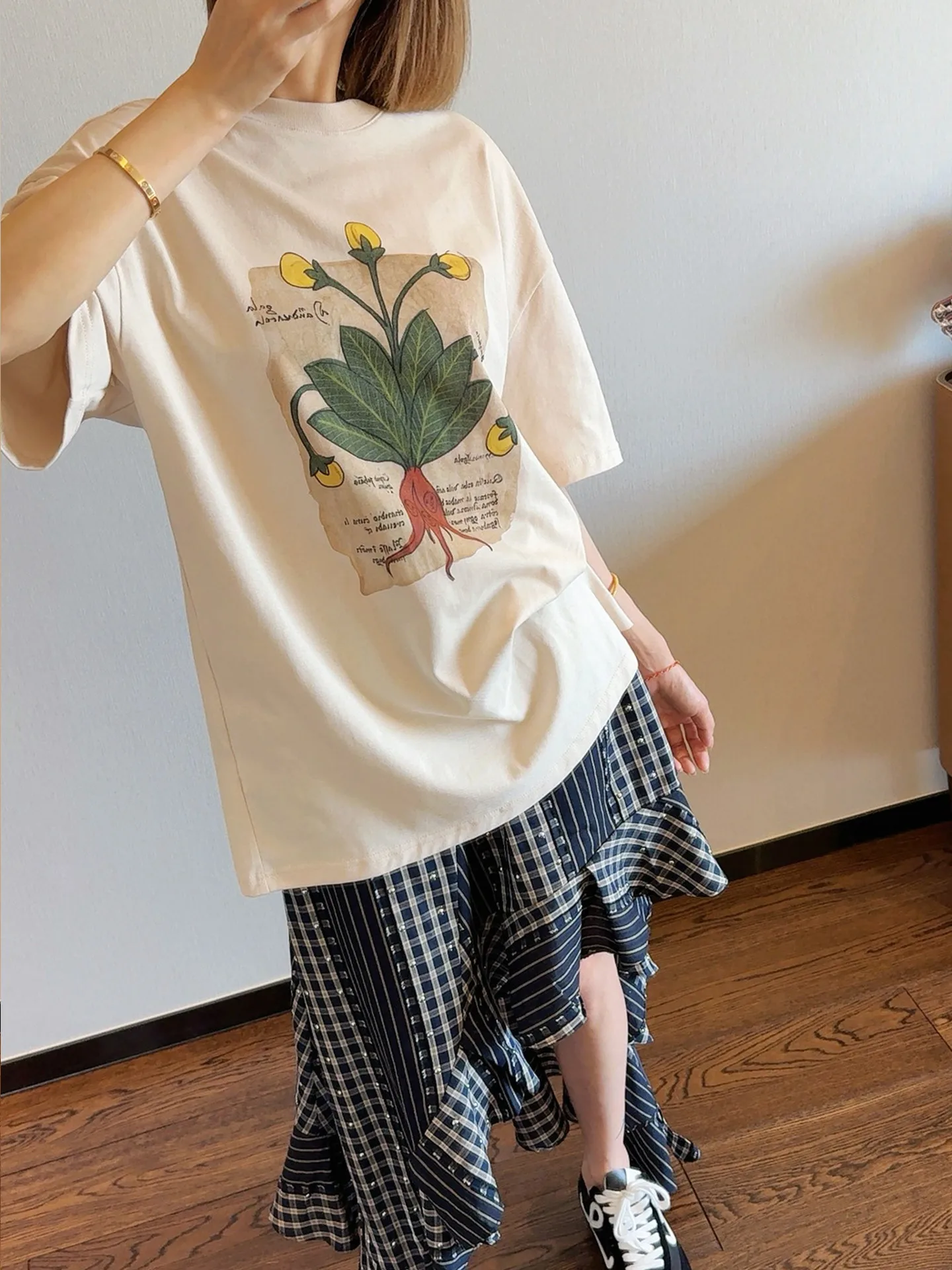 

ASBR Новая женская летняя футболка с круглым вырезом и коротким рукавом, универсальная, из смесового хлопка, с ретро-принтом в стиле бохо