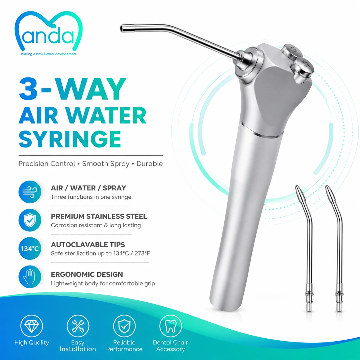 Dental Air Water Spray Syringe 3 Function Triple Syringe Kit With 2 Metal Tips For Dentist Chair Replacement Tool