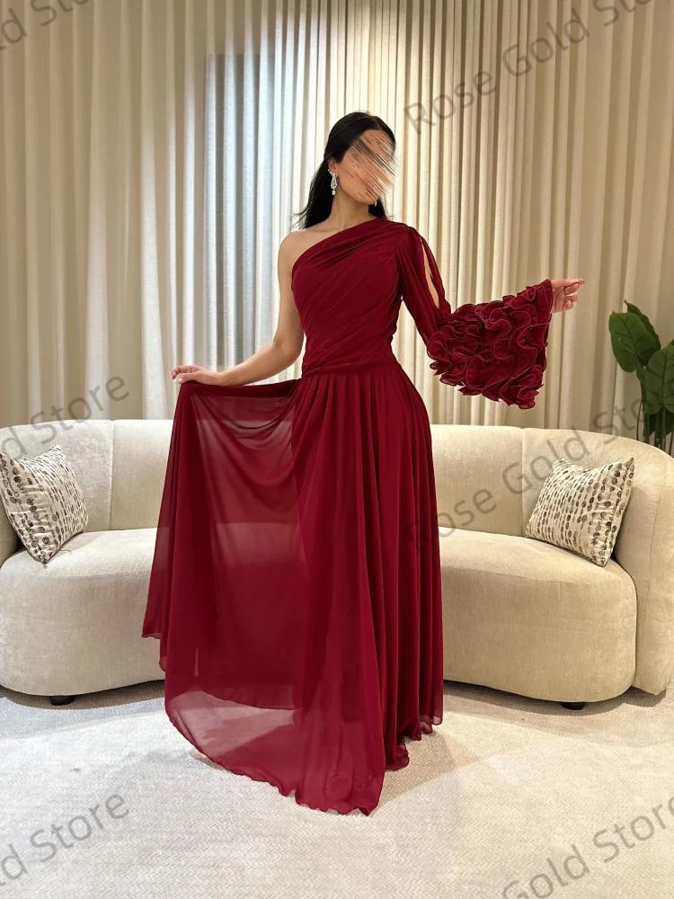 Customized Evening Dress for Arabic Women A Line One Shoulder Prom Gowns Chiffon Floor Length Ruffled Sleeve Vestido de Noche