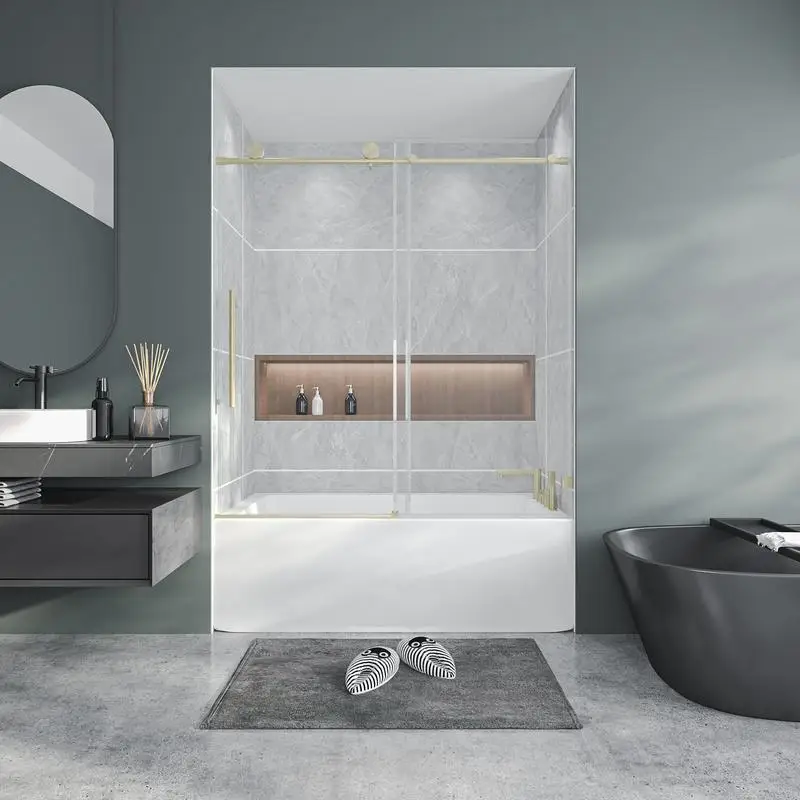 

56"-60" W x 60" H Frameless Sliding Shower Door, 1/4" Thick Tempered Glass, Stainless Steel Hardware, Adjustable Bumper,