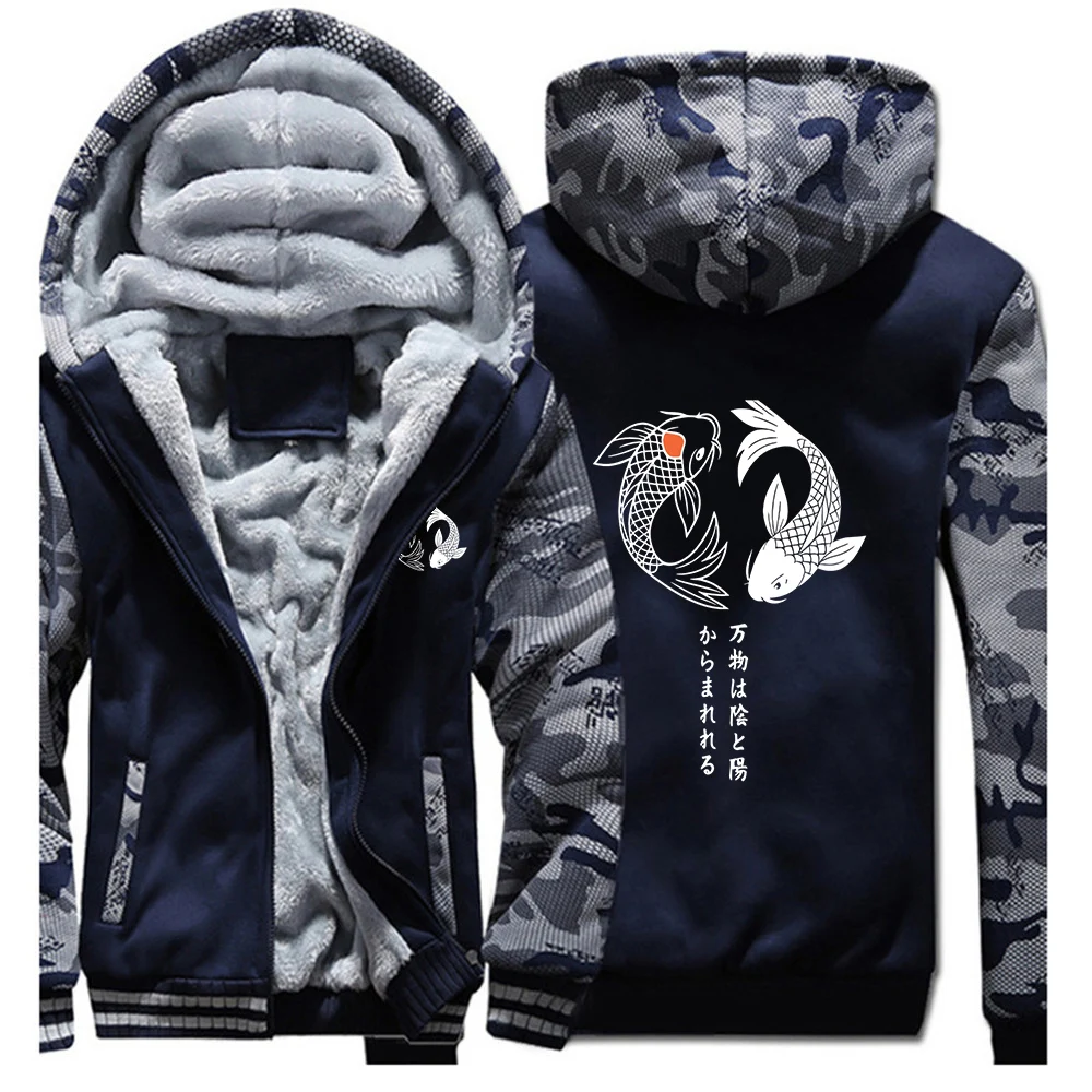 Cold Protection Warm Hoodies Men's Autumn And Winter 2025 Japanese Koi Harajuku Illustration Pattern Logo Print Coat Jacket