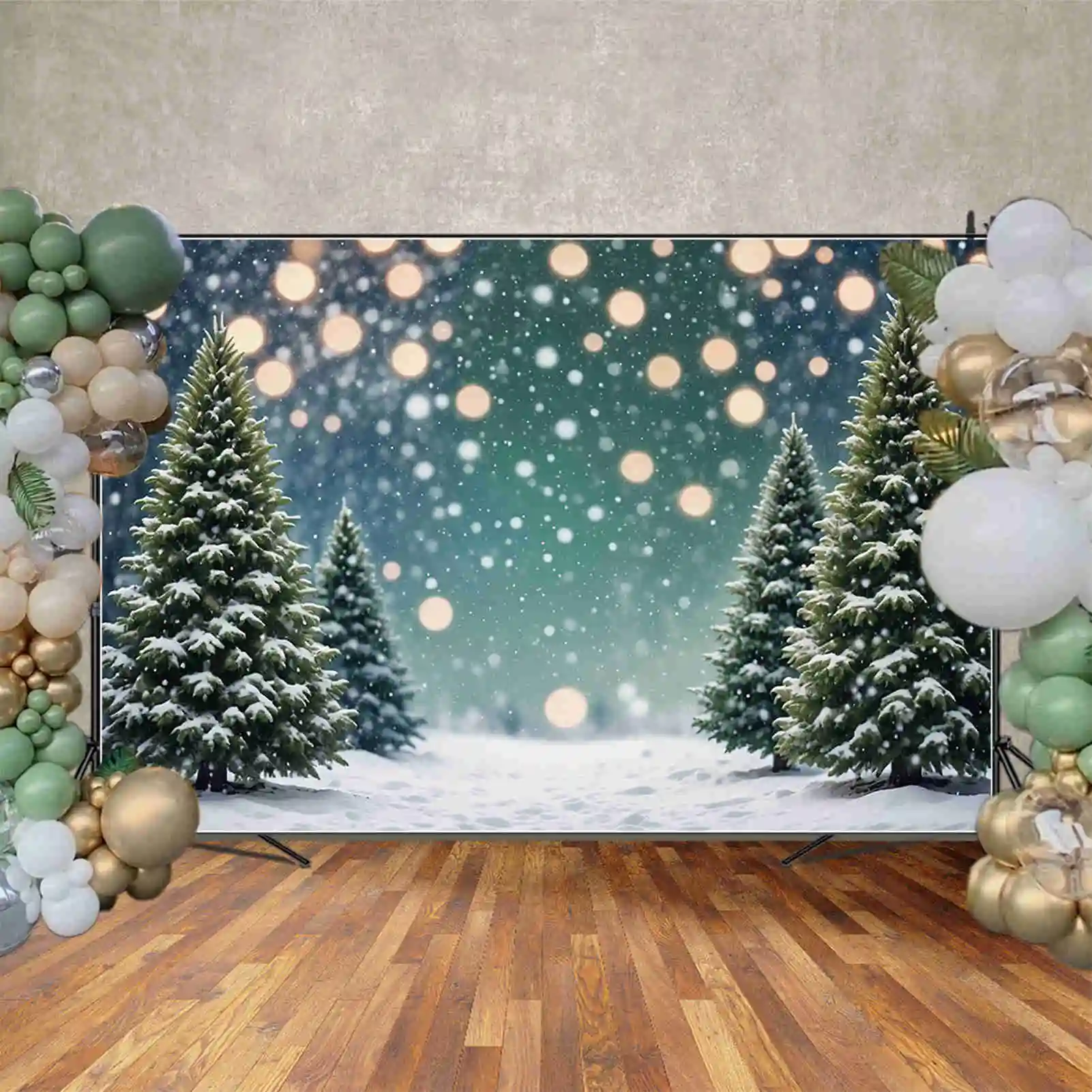 MOON.QG Snow Winter Green Backgrounds Pine Trees Field Outdoor Christmas Children Backdrops Custom Party Decor Photography Props