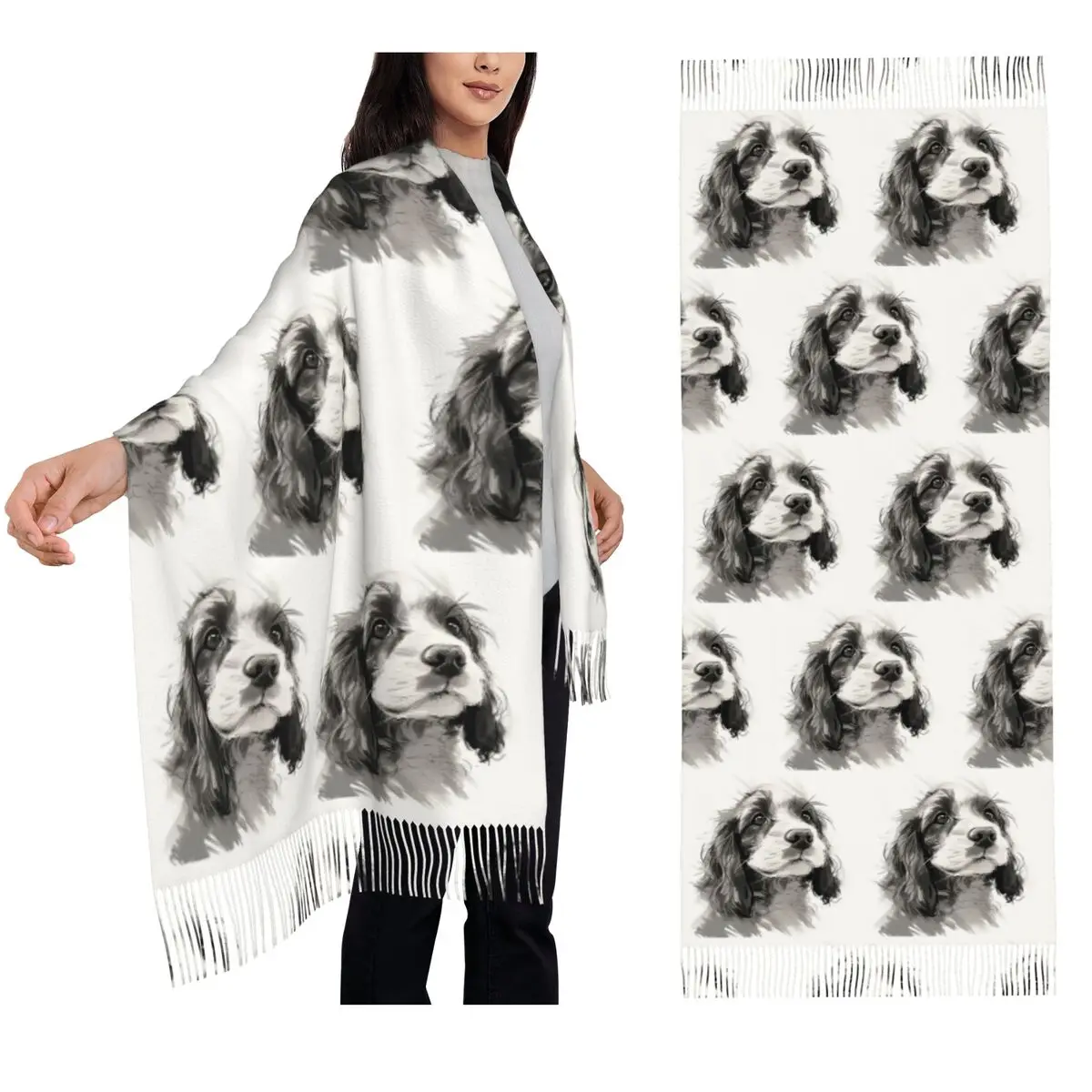 

Кокер-спаниель, цуценя, мягкий шарф с сахарным покрытием, шарфы с кисточками для женщин, шали и накидки, большая осенне-зимняя шаль