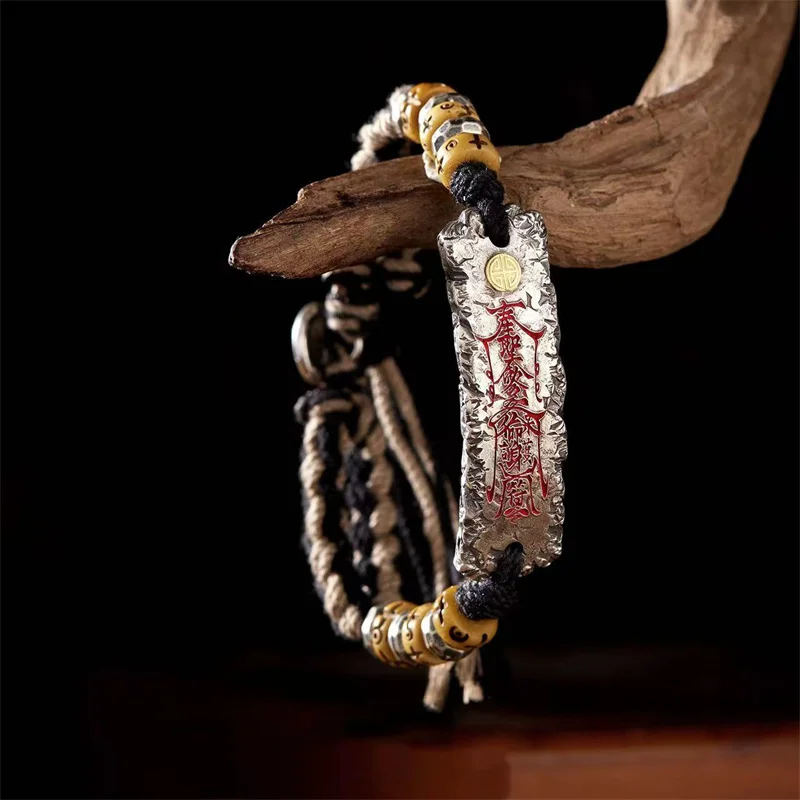 Ethnic Style Braided Rope Tassel Bracelet Men Jewelry Blessing Taoist Scriptures Amulet Bracelet Bracelet Male Hand Accessories
