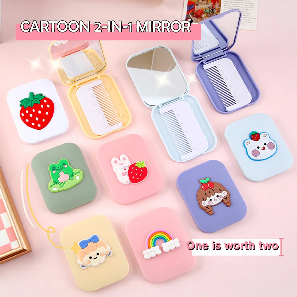 Makeup Mirror Small Comb 2-In-1 Folding Cute Cartoon Plastic Mirror For Female Students Easy To Carry Around With Hair Comb