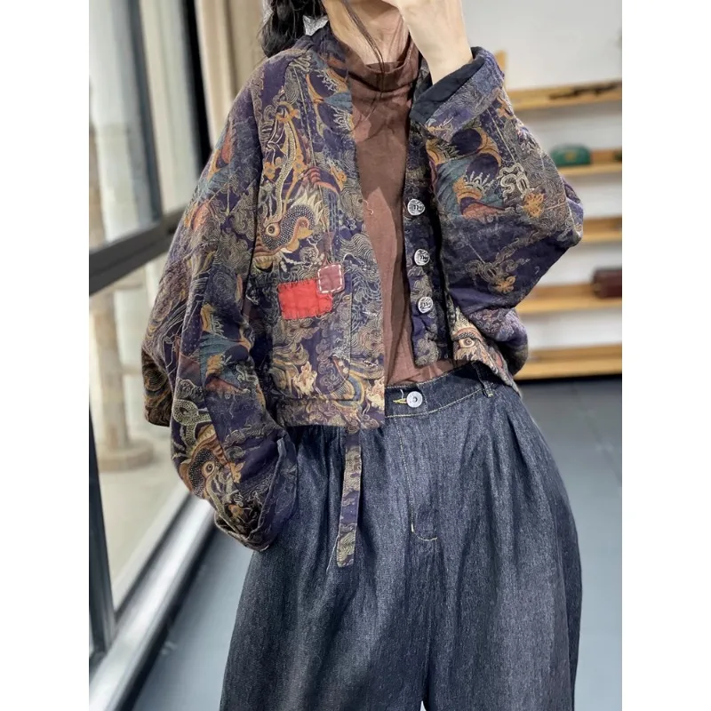 Printed Linen Cotton Jacket, Ethnic Style Cotton Clip Thick Short and Thin Jacket, Women\'s Autumn and Winter 2024 Style