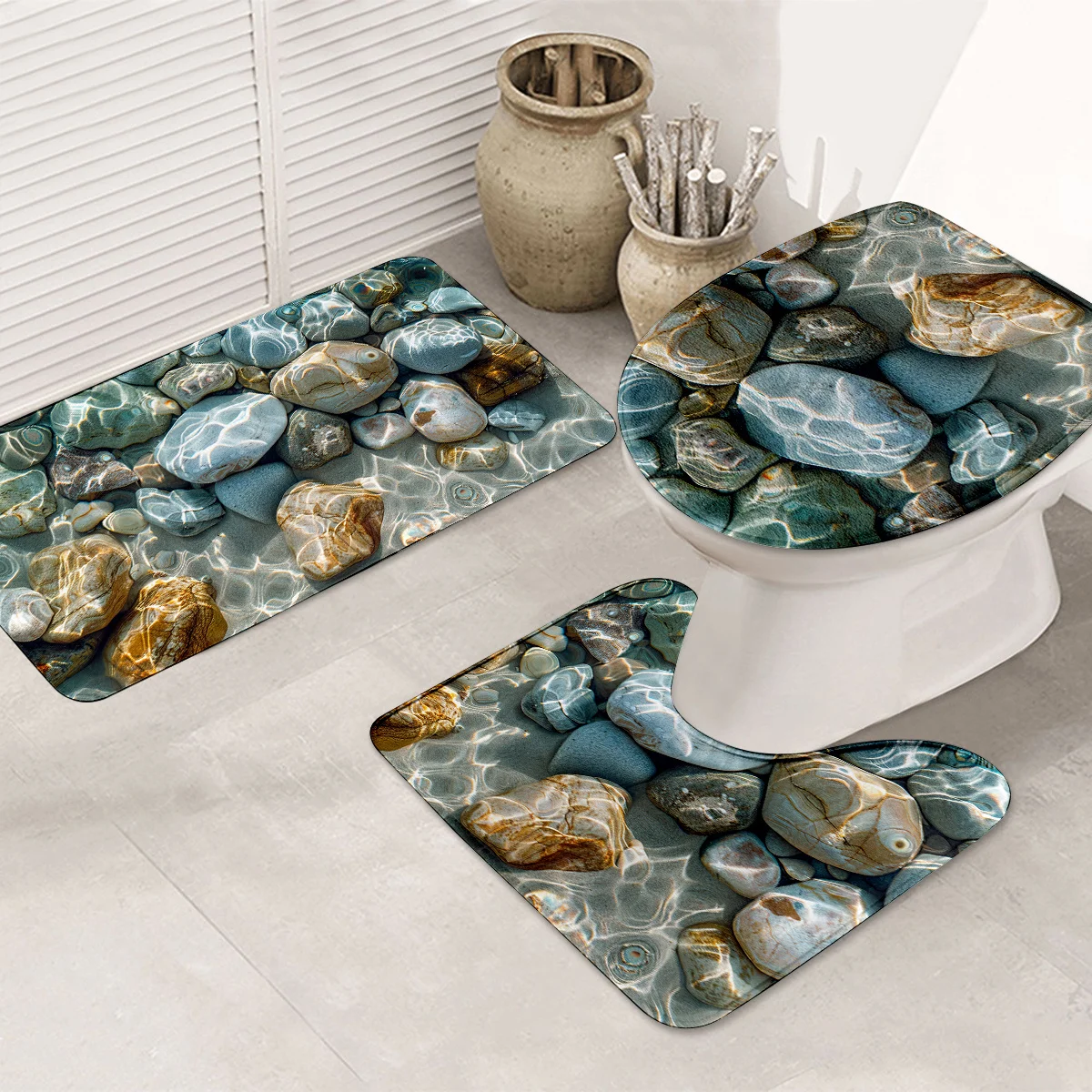 

3pcs River Stone Bathroom Rug Set Non-Slip U-Shaped Mat and Toilet Lid Cover Nature Pebble Theme Washable Indoor Floor Mats