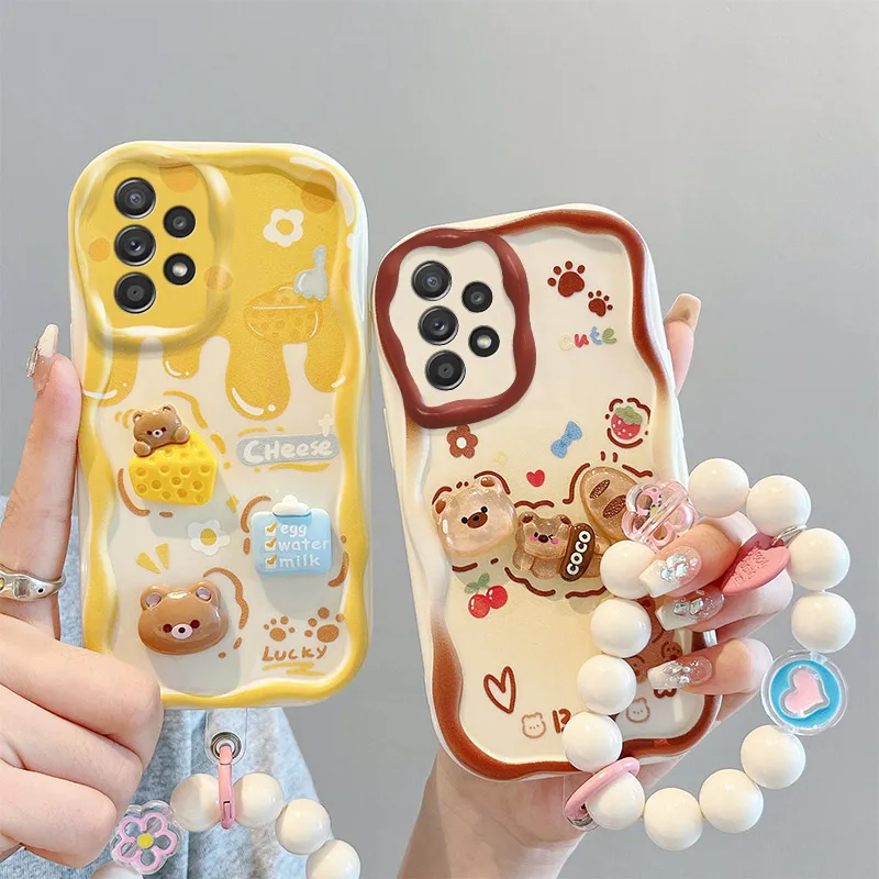 Cream Cake Phone Case For Samsung Galaxy A73 A53 A33 A23 A13 A72 A52 A32 A22 A12 3D Cartoon Cute Bear Bracelet Wave Soft Cover