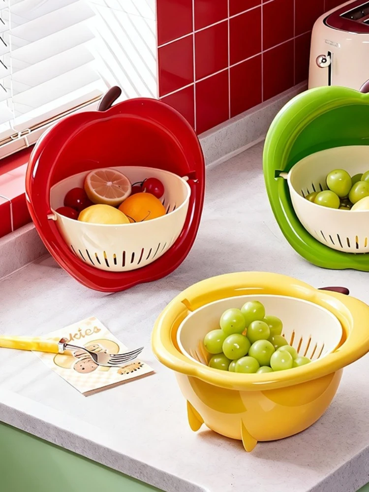 Zwei-in-Eins Niedlicher Fruchtförmiger Abtropfkorb, Doppelschichtiger Abnehmbarer Wasserfilterkorb, Kreatives Apfel-Design, Erhältlich in Rot/Gelb/Grün, Küchenspülbecken zum Waschen von Obst und Gemüse – Detail 4