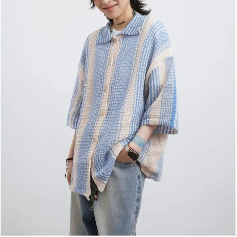 Summer New Boyfriend Square Collar Button Hollow Out Knitted Contrast Color Striped Trendy Fashion Loose Three Quarter Shirt Top