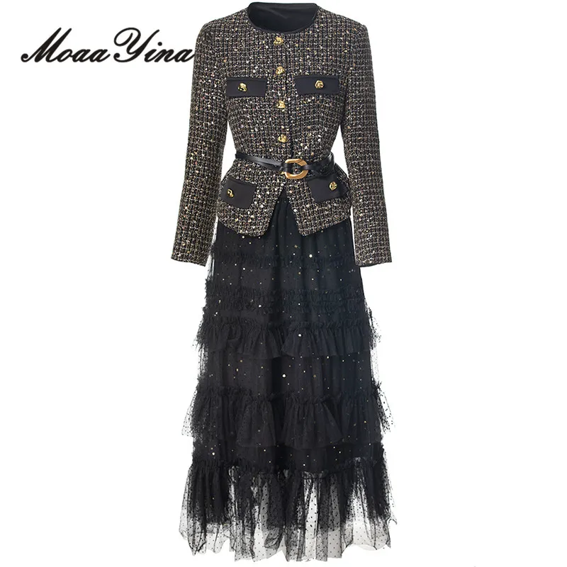 MoaaYina Mode Herbst Und Winter frauen Linie Pailletten Einreiher Top + Rüschen Rand Pailletten Unten Rock Zwei-stück Set