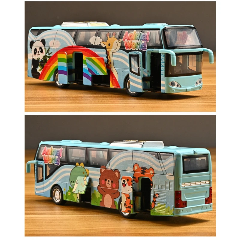 รถบัสการ์ตูนจำลองสีรุ้ง ทำจากโลหะผสม มีเสียงและไฟ ของเล่นเด็กอนุบาล ของเล่นเสริมพัฒนาการเด็กเล็ก