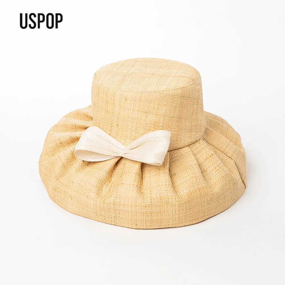 uspop-women-raffia-straw-bow-sun-hat-pleated-brim-summer-beach-cap-elegant-french-style-sun-protection