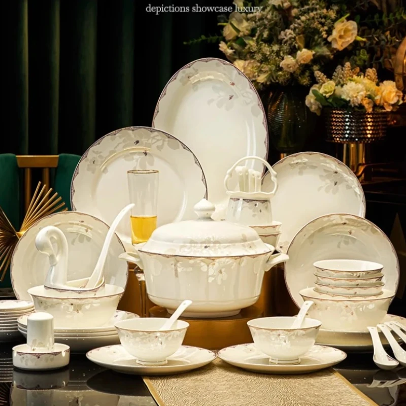 

Beautiful Luxury Dinnerware Sets Ceramic French Bowl Fine China Kitchen Dinner Set 6 Persons Vaisselle Complete Tableware Dishes