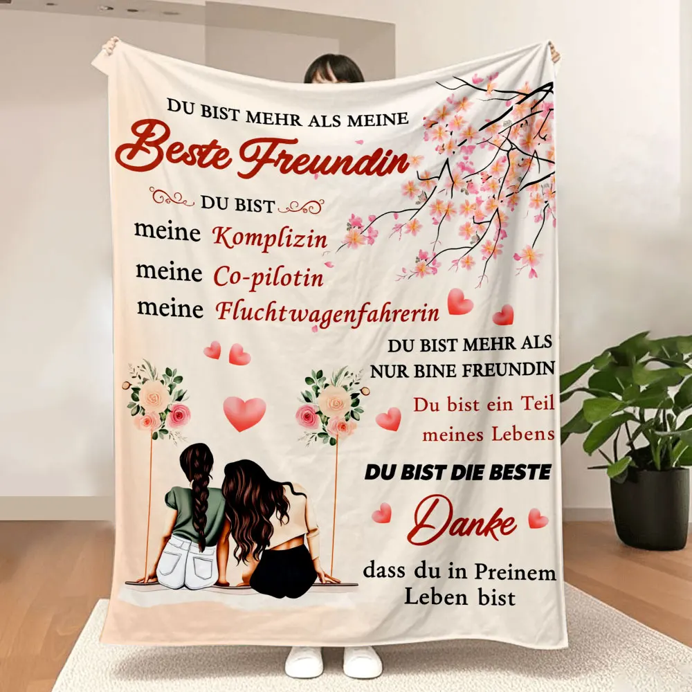 Friendship Blanket - Light peach background with German greeting 'DU BIST MEHR ALS MEINE Beste Freundin' and illustrations of tw