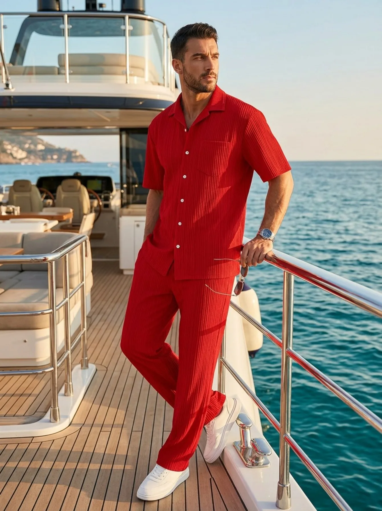 Men Pleated 2 Piece Outfits Lapel Short‑Sleeve Button Shirt & Straight Pants Set Loose Matching Suit For Summer Holiday Beach view 4