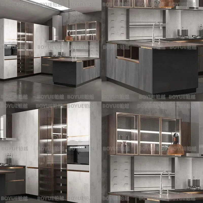 Custom Stainless Steel Kitchen Cabinet Integrated Quartz Stone Countertop Wall Hanging Unit Door Panel Modern Home Storage