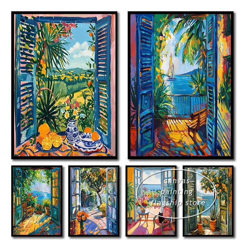 Open Window Henri Matisse Style Patio Door Scenery Poster and Print Canvas Painting Wall Art Picture for Interior Home Decor