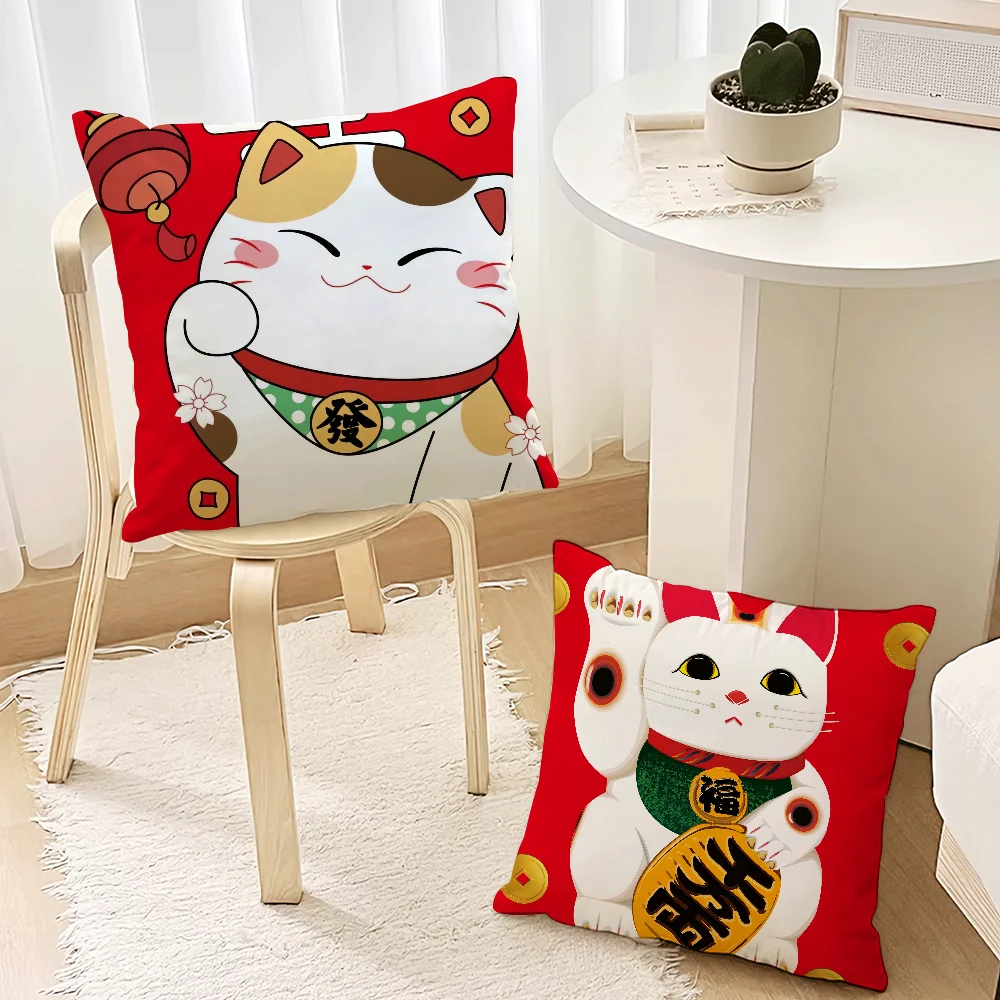 Maneki Neko Rich Luck Money Cat cushion For Bedroom Car Coffee Shop Room Soft and Living Room Sofa Decorative Pillow Cover Case