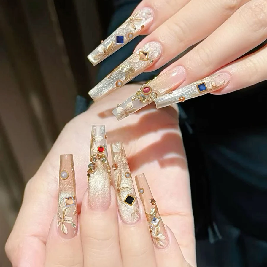 12 Grids Nail Art Decoration Mixed Shape 3D Nail Charms Punk Metal With Gem Rhinestones Flat Bottom Gold Crystal Decoration Set