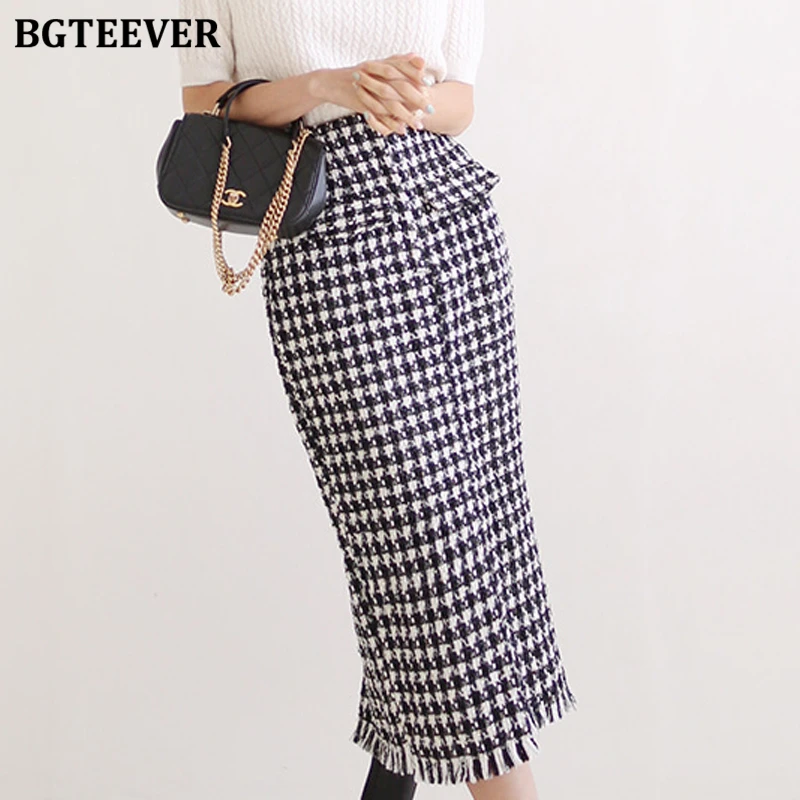 BGTEEVER Autumn Winter Ladies Woolen Skirts Elegant Split Package Hip Plaid Skirts for Women