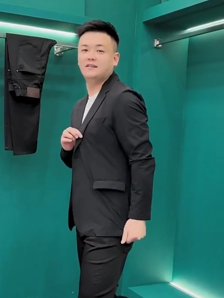 

Мужской легкий дышащий эластичный однослойный костюм для весны и лета, модный, простой, повседневный, приталенный, с длинным рукавом