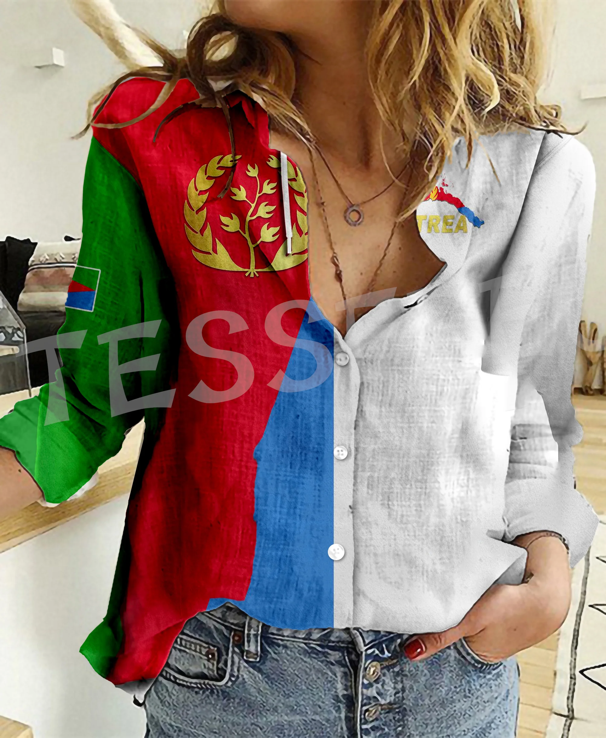 Africa County Eritrea Flag Lion Tattoo Retro Vintage Streetwear 3DPrint Harajuku Women Casual Button-Down Shirts Long Sleeves X2