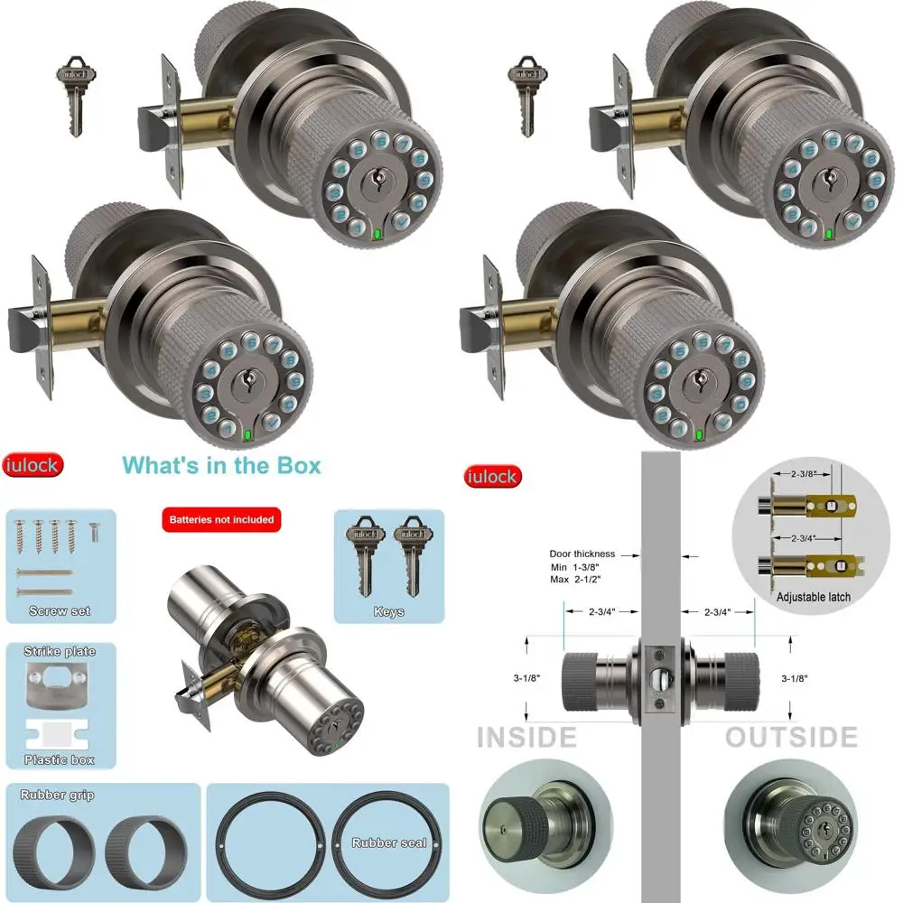 

Дверной замок с сенсорным экраном, клавиатурой, ключом и резиновой ручкой, автоматическая блокировка, водонепроницаемый, простая установка, 50 кодов пользователя, комплект из 2 штук, матовый.