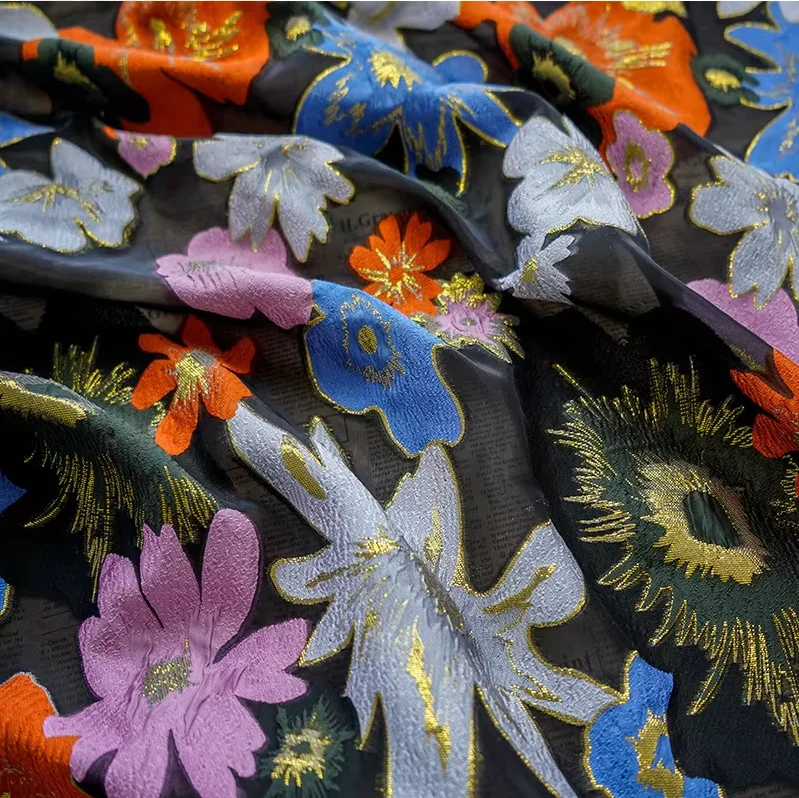 138Cm Wide Black Background Gold Thread Large Flower Jacquard Fabric for Vintage French Dress Bouquet Decoration Material F159