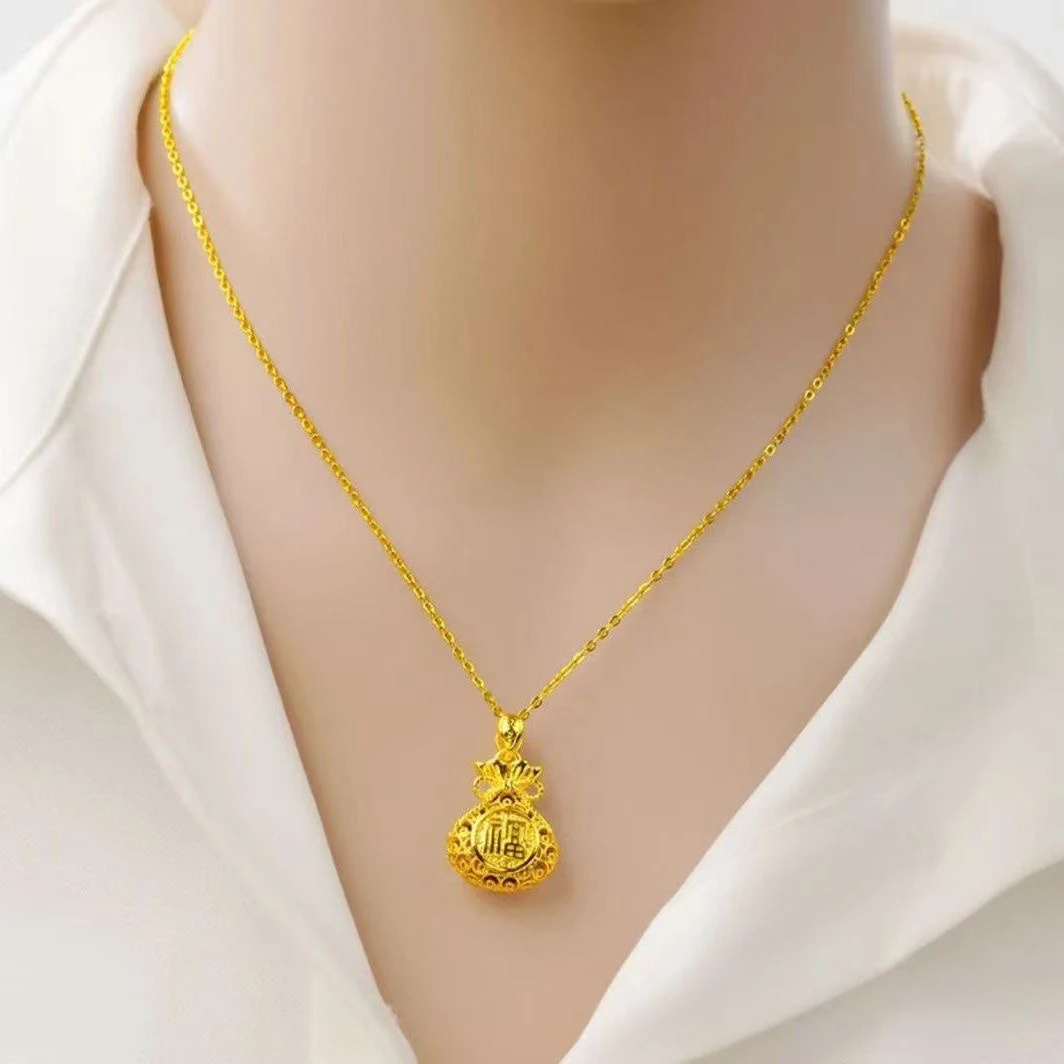 

Fashion AU999 hollowed out lucky bag pendant necklace, women's new Chinese style gold collarbone chain, give mother a gift