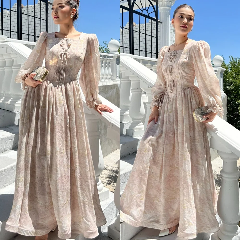 

Customized Square Collar Long Sleeves Evening Dress A-Line Ankle Length Cocktail Dress Ruched Delicate Modern Prom Dress