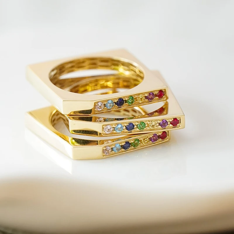 Aazuo Fine Jewely Real 18K Yellow Gold  Natrual Sapphires Vintage Style Rainbow Lines Ring Gift For Girls & Kids Birthday Party