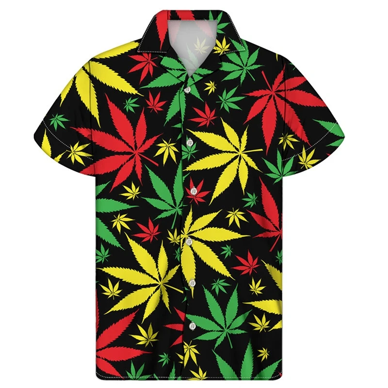 

Summer Beach Colorful Grass Leaf Print Cuban Collar Cozy Short Sleeve Casual Shirt Men