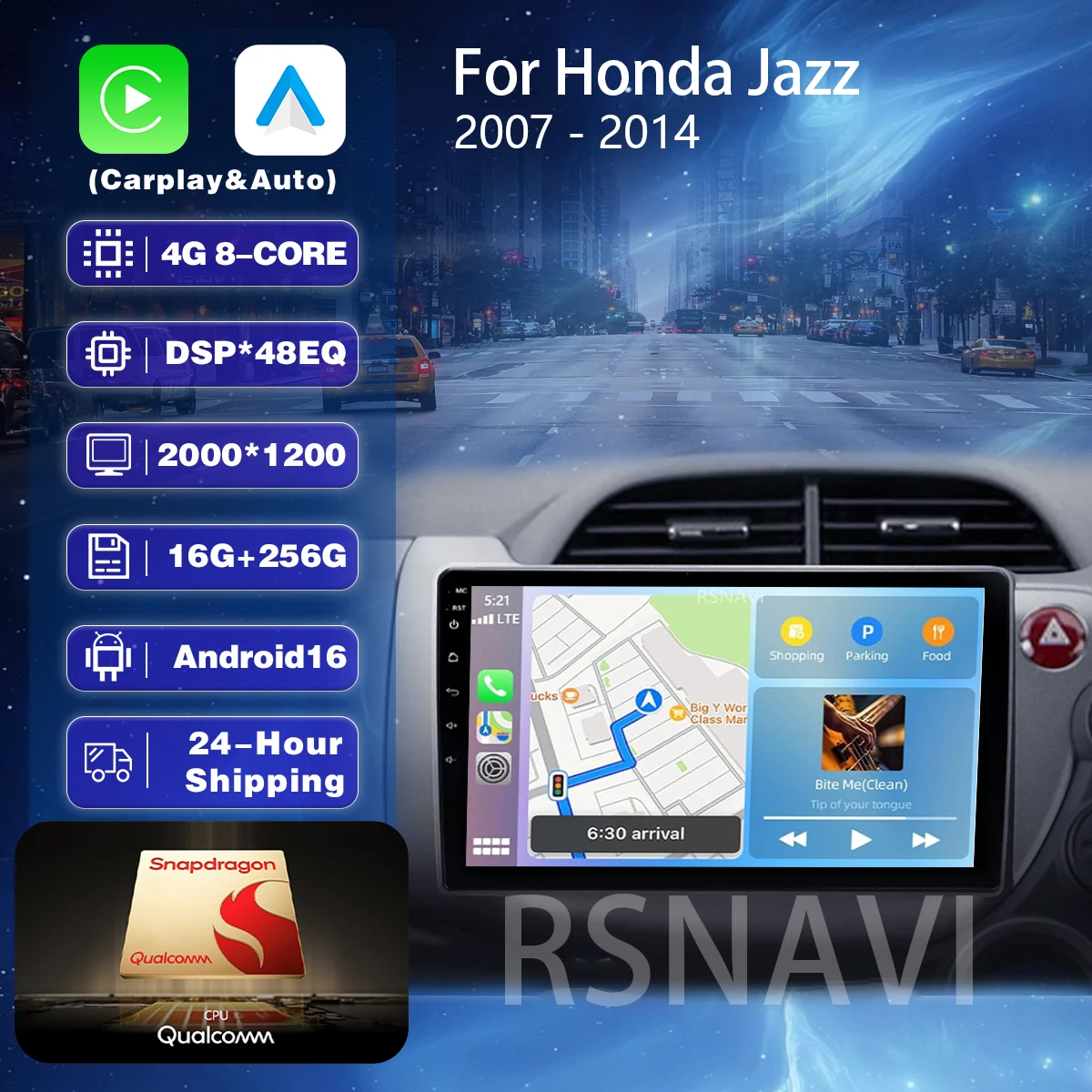 Автомагнитола RSNAVI Android 16 Carplay Auto WIFI+4G для HONDA FIT JAZZ 2007-2013 (правый руль), GPS-стереосистема 2DIN