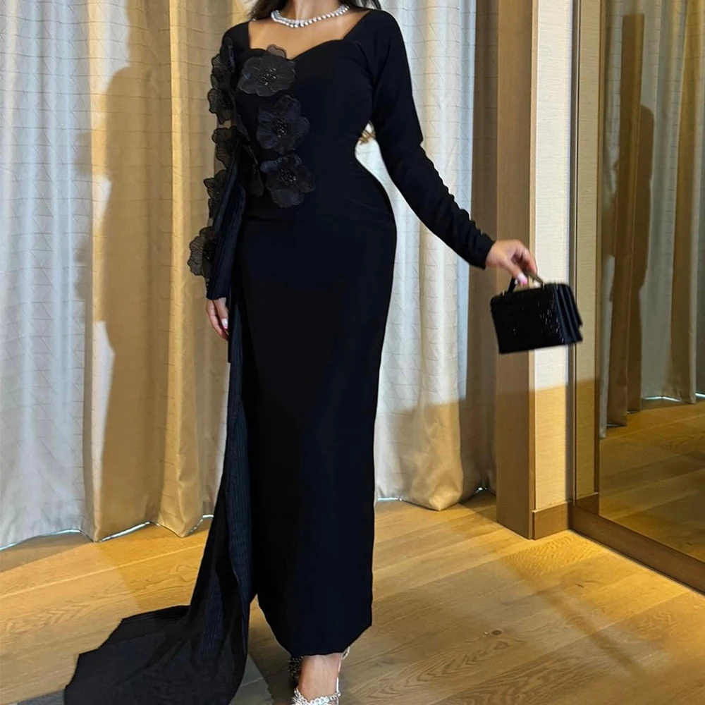 

Customized Fashion Jersey Straight Flowers and Beading Evening Dress Strapless Long Sleeves Panel Train Black Prom Dress