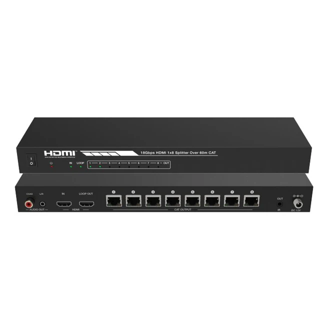 1x8 HDMI 2.0 extender Splitter 4K 60HZ 4:4:4 3D 1 in 8 out Share Screen over cat6 18G HDR EDID HDMI loop out