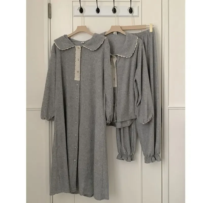 Lace Sleepwear Women Nightgown Ruffles Korean Nightwear Gray Autumn Long Sleeve Sleeping One Piece Pajamas Solid Night Dress New