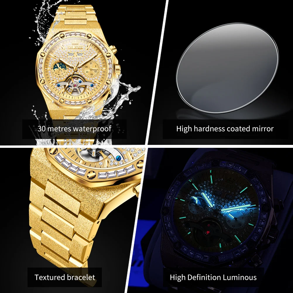 OLEVS 9805 Tourbillon Men Watch Fashion Moon Phase Calendar Week Waterproof Watch Luxury Fully Automatic Mechanical Watch Reloj