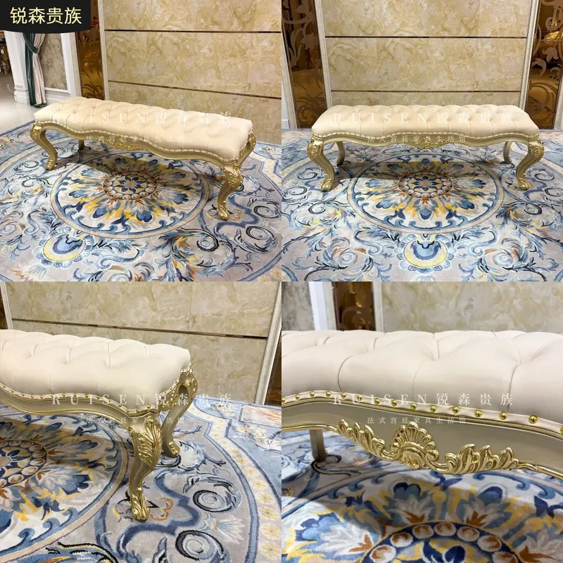 For European Luxury French Style First Layer Cowhide Leather Bedside Stool Bedroom Bench Shoe Changing Ottoman Pedal