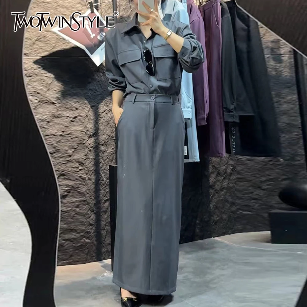 

TWOTWINSTYLE Pink Spliced Pocket Two Piece Set Female Lapel Long Sleeve Shirt Casual Basics Women's Skirt Sets Summer New Style